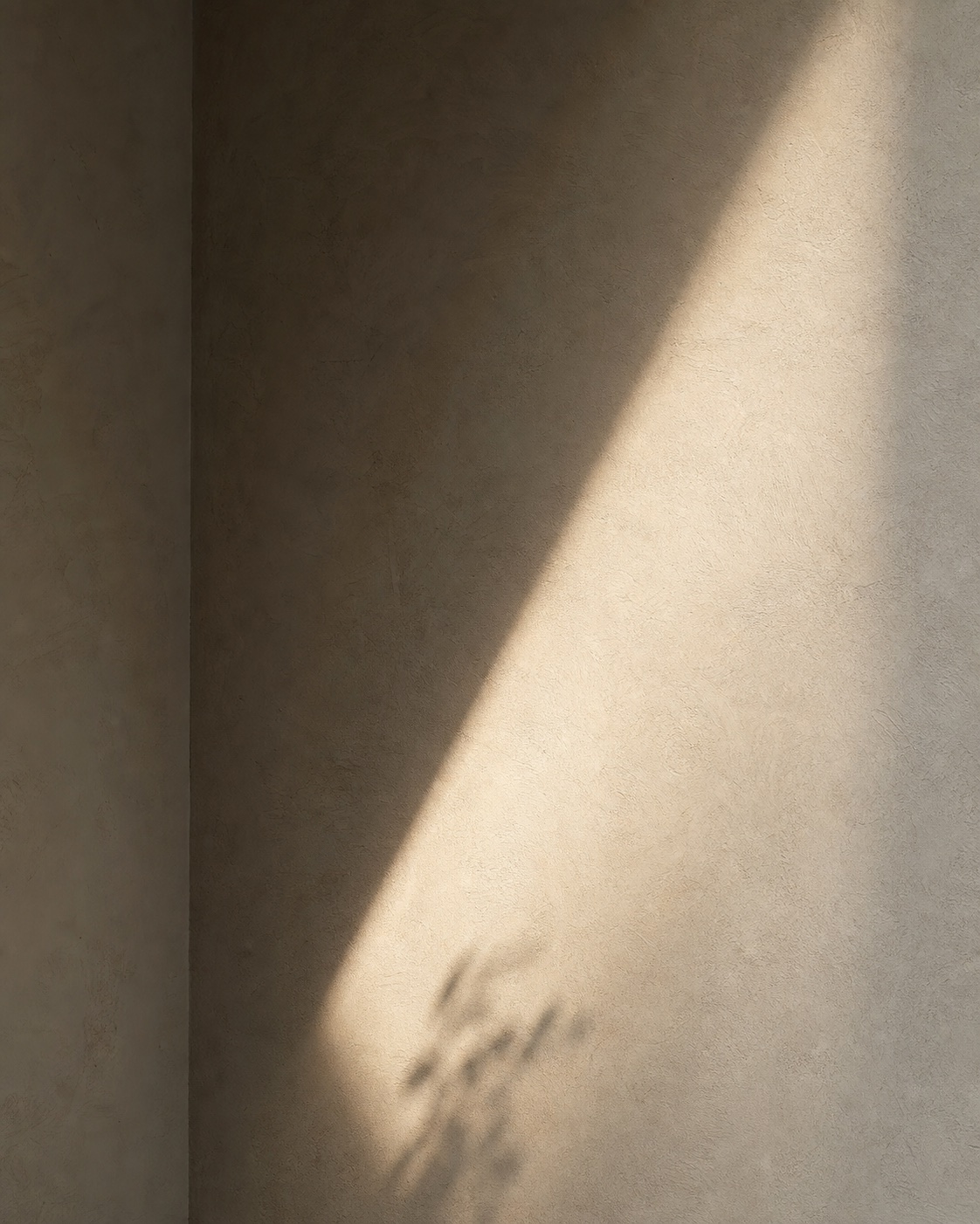 A diagonal plane of afternoon light across a textured architectural wall